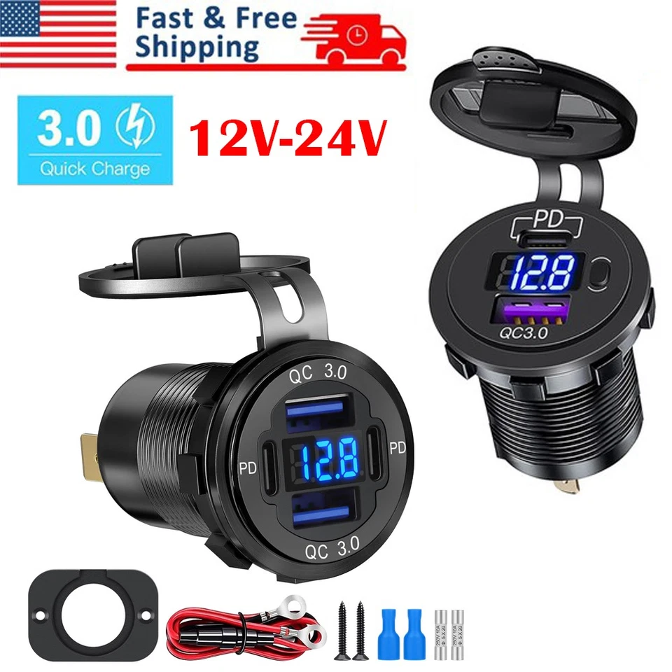 Cargador rápido de coche 12-24V 4 puertos QC3.0 y PD USB C toma de corriente para barco RV marina Foto 1 de 1