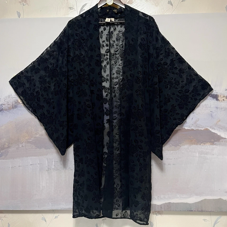 Black Kimono Velvet Burnout Roses Duster Dark Romantic Open Whimsigoth One Size - Image 1 of 4