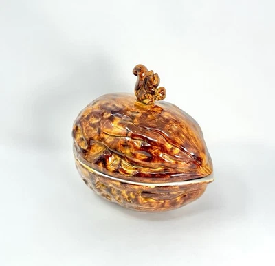 "Caja de baratijas de cerámica vintage con forma de nogal esmalte marrón 7,25""" Foto 1 de 4