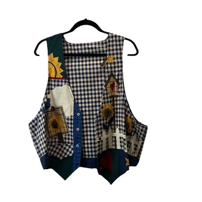Vintage Handcrafted Sunflower Vest Blue White Checkered Farm Cottagecore Size XL - Image 1 of 4