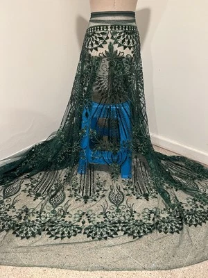 Hunter Green Beaded Sequins Embroidery Bridal Lace Fabric 50” Width By The Yard - Image 1 of 4