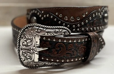 Cinturón Ariat Western Cuero Grabado Incrustación Uñas Marrón Edición Limitada 07 Mediano Foto 1 de 4