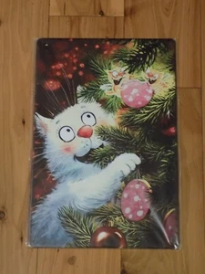 Metal Tin Decorative Art Sign Wall Hanging Decor Cat In Christmas Tree Funny - Picture 1 of 2