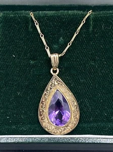 Collana vintage con ciondolo ametista in oro 9 ct - Foto 1 di 11