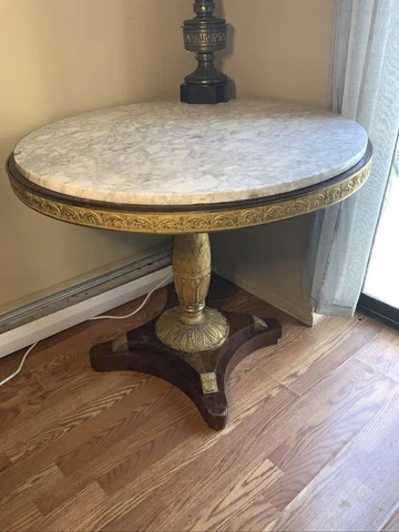 French bouillette diner table with marble tabletop and brass accents Cover