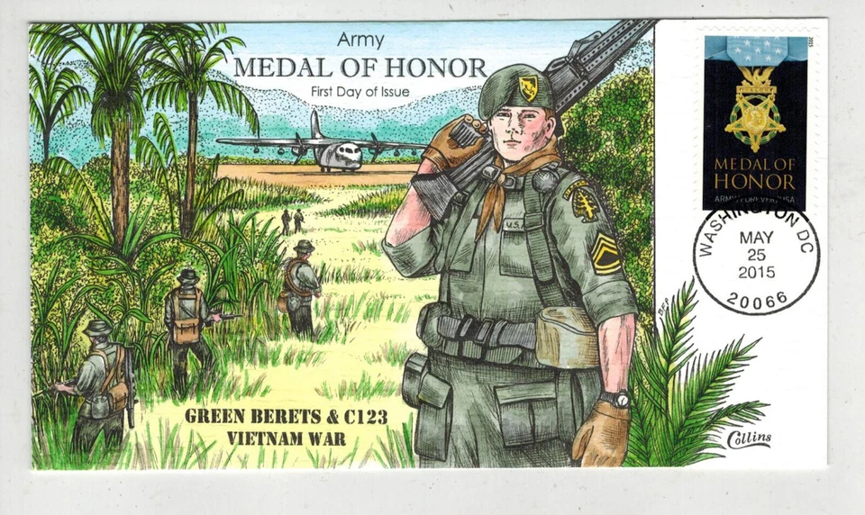 BOINAS VERDES COLLINS PINTADAS A MANO MEDALLA DE HONOR FDC EJÉRCITO GUERRA DE VIETNAM PINTADAS A MANO Foto 1 de 1