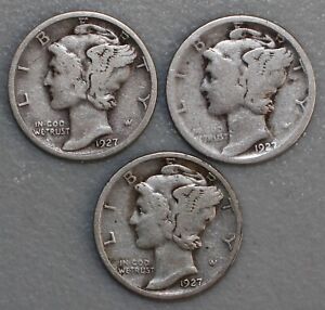 1927 P D S Mercury Silver Dimes 3 Coin Year Set 10c US Type Coins Circulated PDS