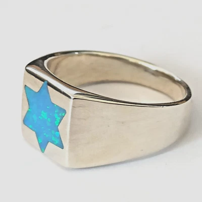 Anillo Estrella de David Azul Ópalo Sello Parte Superior Plana Plata 925 Hombres Meñique Mujeres Regalo 7 Foto 1 de 4