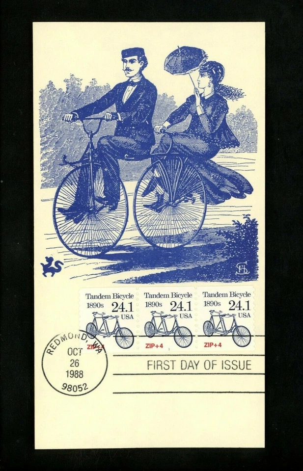 US FDC #2266 Dragon Cards 1988 Redmond WA 1988 Tandem Bicycle Plate #1 Coil - Image 1 of 2