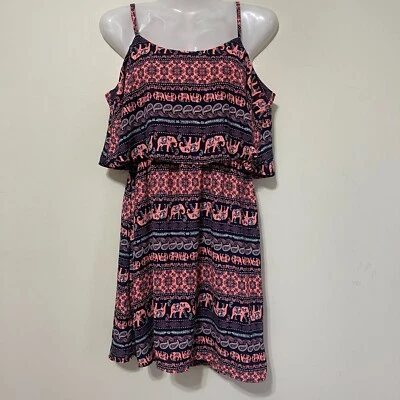 Mini vestido fluido leve Rue 21 neon coral e estampa de elefante azul, tamanho médio - Imagem 1 de 4