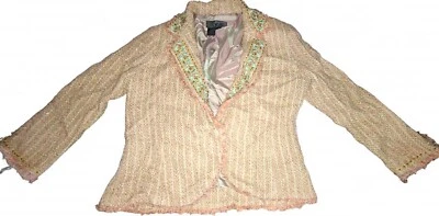 Chaqueta Blazer True Meaning Tweed Flecos Bordados Cuentas Verde Tostado Talla 6 Foto 1 de 4