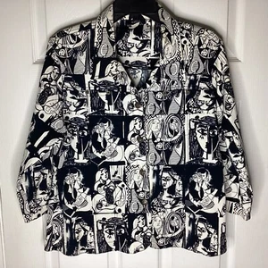 Kaktus Black & White Picasso Abstract Faces Stretch Denim Jacket Large - Picture 1 of 16