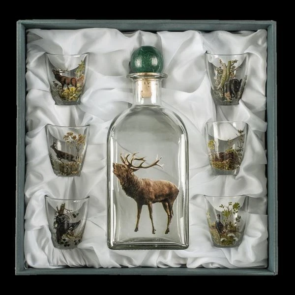 FRITZMANN Schnapsservice 7 Teilig mit farbigen Jagdmotiven