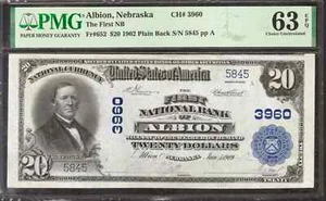 1902 20 $ ERSTE NATIONALE BANKNOTE WÄHRUNG FR.652 ALBION NEBRASKA PMG 63 CU (845) - Bild 1 von 2