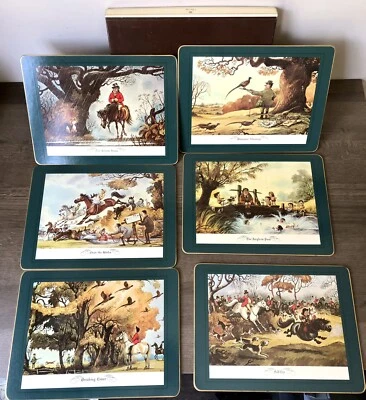 NIB Vintage Set Clover Leaf Table Mat In Box - Hunting Scenes, Fishing, Humor - Image 1 of 3