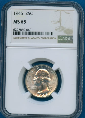1945 P NGC MS65 Washington Silver Quarter 25c US Mint Coin 1945-P MS-65 Cover