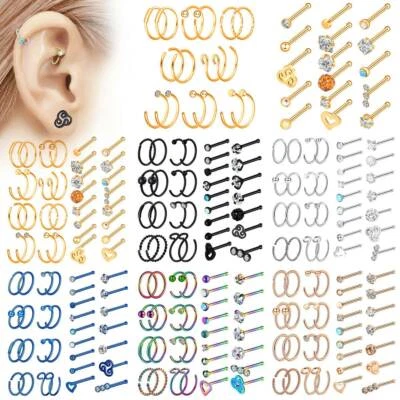 32件装多式鼻环螺丝/L弯骨耳钉不锈钢穿孔20G — 第 1/4 张图片