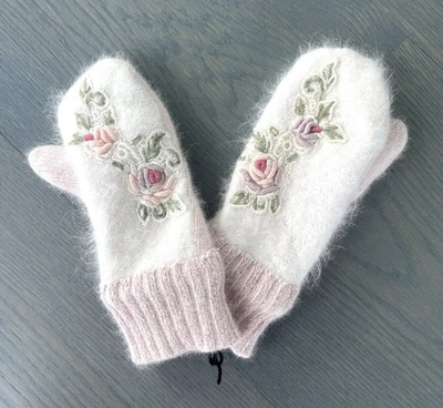 Mitones de lana de angora tejidos hechos a mano rosas rosa  Foto 1 de 4