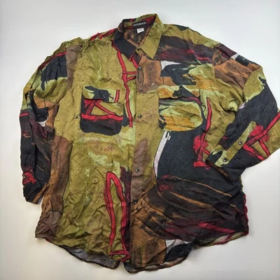 Bachrach Shirt Mens XL Green Red Abstract 100% Silk Button Front Long Sleeve - Image 1 of 4