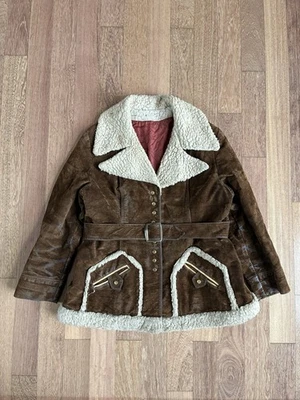 Abrigo Chaqueta Cuero Piel de Oveja Piel de Oveja Años 60/70 Vintage Marrón Mujer Grande Foto 1 de 4