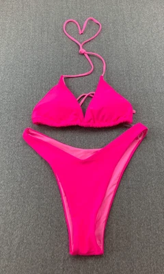 Высокий вырез треугольник бикини 2 ПК купальник женщин L ярко розовый два тона милый сексуальный 80-х - Изображение 1 из 4