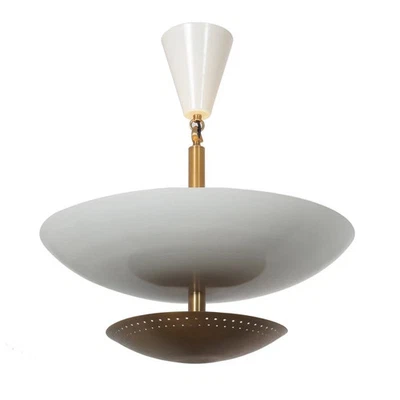 Lámpara de araña colgante Mid-Century de doble pantalla de latón hecha a mano Sputnik Foto 1 de 4