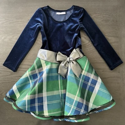 Bonnie Jean Girls Size 5 "BLUE GREEN GOLD BOW" Christmas Hipster Dress Size 5 - Image 1 of 4