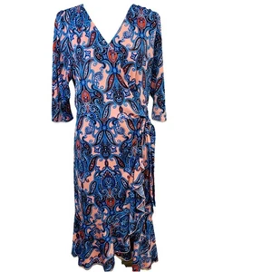 Kiyonna 1 Wrap Dress Paisly Print Asymmetric Midi Ruffle 14 Stretch USA  Made - Picture 1 of 9