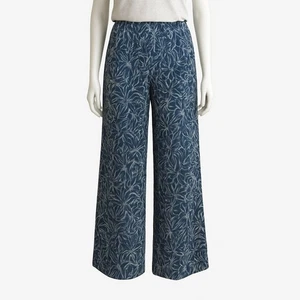 J. McLaughlin Denim Blue Leaf Print Morgan Pants Wide Leg Pleated Chic Size 2 - Picture 1 of 9