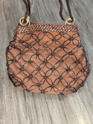 Bolsa de ombro tiracolo vintage anos 70 CEM tecido trançado couro sobreposição encaixe - Imagem 1 de 4