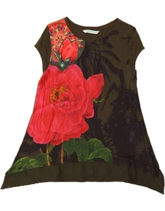 DESIGUAL Womens Graphic Asymmetric Tunic Top UK 10 Small Khaki Floral CI09 - Picture 1 of 3