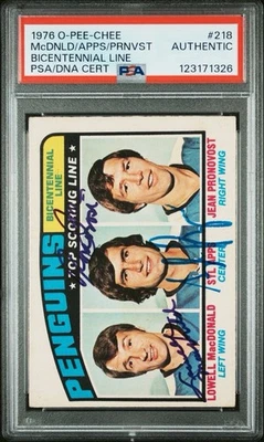 1976 77 OPC Syl Apps Jean Pronovost Lowell MacDonald PSA AUTO DNA SIGNED LINE - Image 1 of 2