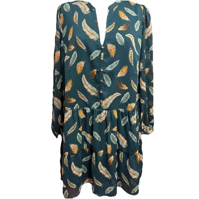 Loft Dress Large Petite Dark Green Tiered Feather Novelty Print Sheer Sleeve - Image 1 of 4