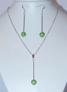 Peridot Green Shamballa Disco Ball Bead & Silver Necklace & Earring Set - NEW - Picture 1 of 1
