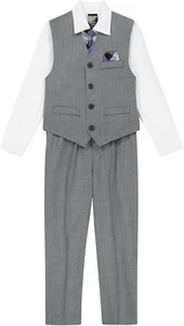 Boys 4 Piece Formal Suit Set, Vest, Pants, Collared Dress Shirt, and Tie - Picture 1 of 30
