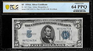 Certificado de plata Julian/Morgenthau Jr. US 5 $ 1934A PCGS 64 PPQ UNC Fr #1651 - Imagen 1 de 4