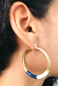 18K Gold Filled White Dark Blue Enamel Yellow Hoop Earrings / Aretes - ER5664 - Picture 1 of 7