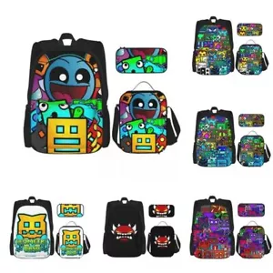 Kids Geometry Dash School Backpack Insulated Lunch Bag Rucksack Pencil Case Gift - Picture 1 of 10