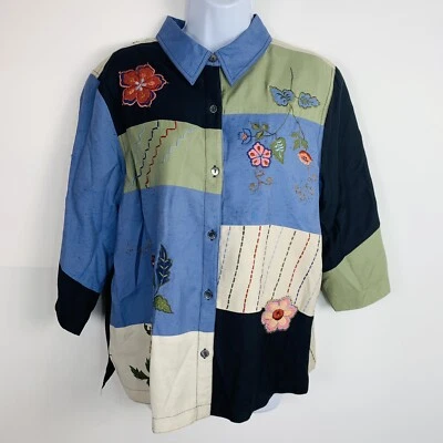 Top Marsh Landing Mujer Talla L Azul Verde Floral Retazos Botón Delantero DE COLECCIÓN Foto 1 de 4