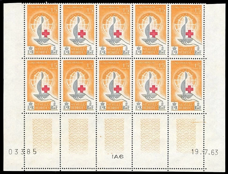 Nuevo Hébridas 1963 QEII Cruz Roja 15c PLACA BLOQUE de diez excelente MNH. SG F108. Foto 1 de 1