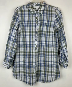 J Jill Love Linen Top S Blue Plaid 1/2 Button Tunic Blouse Pockets Casual Beach - Picture 1 of 12