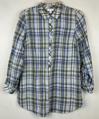 Blusa túnica Jill Love de lino S azul a cuadros 1/2 botones bolsillos informal playa Foto 1 de 4