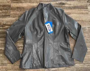 Kenneth Cole Women Faux Leather Stand Up Collar Zip Coat Jacket (Grey, Large) - Picture 1 of 2