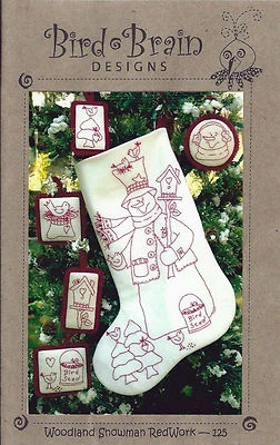 Redwork Embroidery Pattern ~ "Woodland Snowman Redwork" Bird Brain Designs - Image 1 of 2