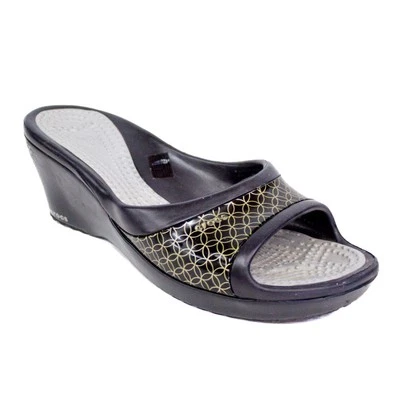 Sandalias de cuña Crocs Sassari Slide negras doradas zapatos cómodos geométricos talla 10 Foto 1 de 4