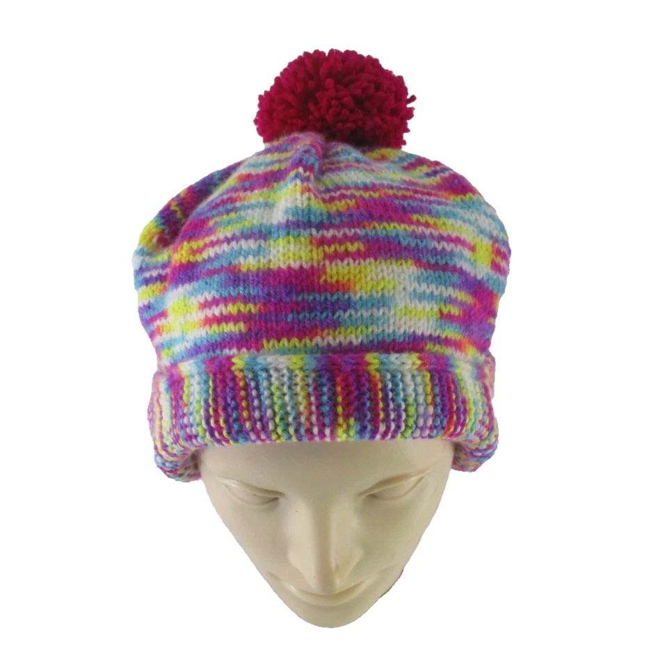 Ручной работы радуги вязаный Beanie с глубокий розовый помпон помпон ретро цвет поп зимняя шляпа - Изображение 1 из 4