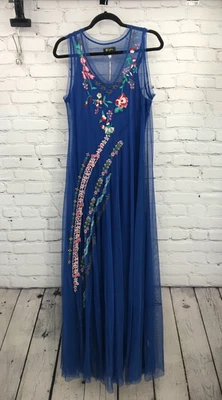 Johnny Was Dress Womens Medium Maxi Blue Floral Embroidered Sleeveless Lined New - Image 1 of 4