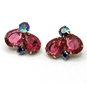 Vintage Pink and Blue AB Prong Set Rhinestone Clip On Earrings Gold Tone  - Picture 1 of 3