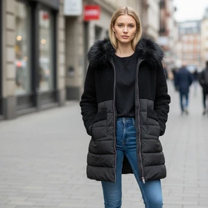 LA Coalition Small Black Dress Coat Fit n Flare Puffer Knit Zip Faux Fur Hood - Bild 1 von 3