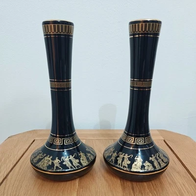PAIR of KE Greece Handmade Pottery 9" Vase Greek Black with 24k Gold Gilt Trim - Image 1 of 4